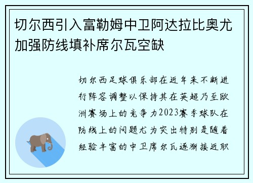 切尔西引入富勒姆中卫阿达拉比奥尤加强防线填补席尔瓦空缺