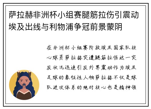 萨拉赫非洲杯小组赛腿筋拉伤引震动埃及出线与利物浦争冠前景蒙阴 萨拉赫非洲杯小组赛腿筋拉伤引震动埃及出线与利物浦争冠前景蒙阴