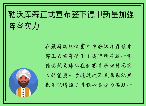 勒沃库森正式宣布签下德甲新星加强阵容实力 勒沃库森正式宣布签下德甲新星加强阵容实力